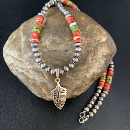 Navajo Red Spiny Oyster & Green Turquoise Pendant Necklace | Sterling Silver | Authentic Native American Handmade | 13619