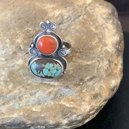 Native American Navajo Multi-Stone Ring | Blue Turquoise & Coral | Sterling Silver | Sz 7 | 11522