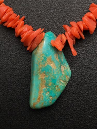 Native American Turquoise Coral Pendant Necklace | Brass Old Pawn | 19" | 4006