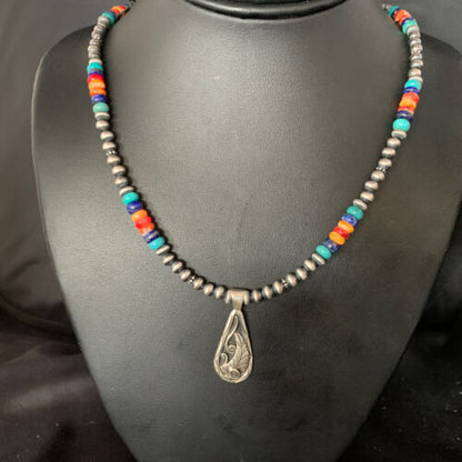 Navajo Multi-Color Turquoise Mother of Pearl Necklace Inlay Pendant | Sterling Silver | 13886
