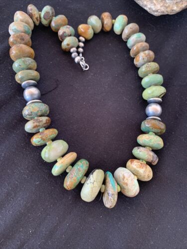 Navajo Pearl Sterling Silver Graduated Natural Green Turquoise Necklace | Authentic Native American | 23" | 00729