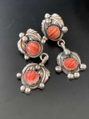 Navajo Red Spiny Oyster Dangle Earrings | Sterling Silver | Authentic Native American Handmade | 2063