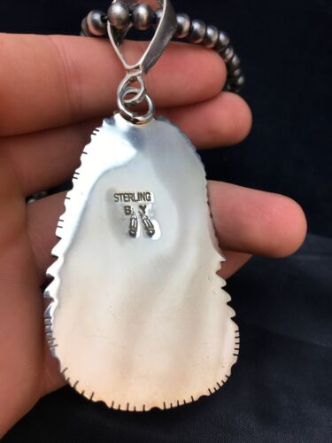 Men's Sterling Silver Navajo Pearls Necklace with Denim Lapis Pendant | Authentic Native American Handmade | 1006