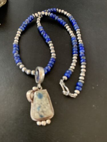 Men's  Navajo Pearls Lapis Azurite Pendant Necklace | Sterling Silver | Authentic Native American Handmade | 01928