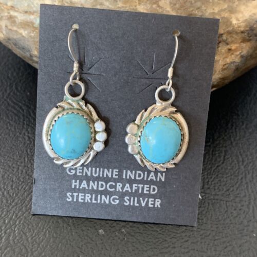 Navajo Blue Turquoise Dangle Drop Earrings | Sterling Silver | 1" | Authentic Native American Handmade | 12746