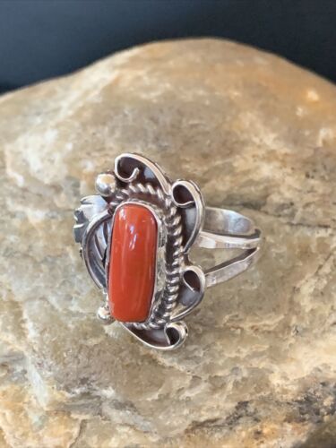 Navajo Red Coral Ring | Sterling Silver | Sz 9 | Authentic Native American Handmade | 01299