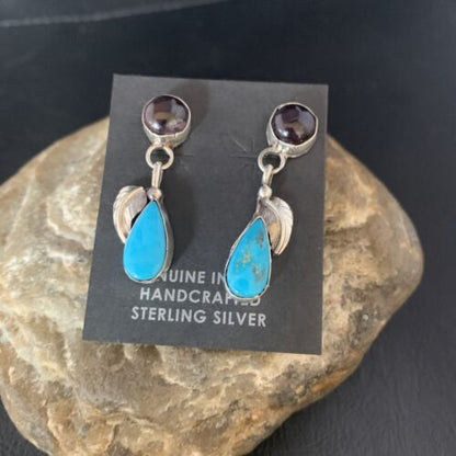 Navajo Sterling Silver Dangle Leaf Earrings | Purple Sugilite & Blue Turquoise | 13443