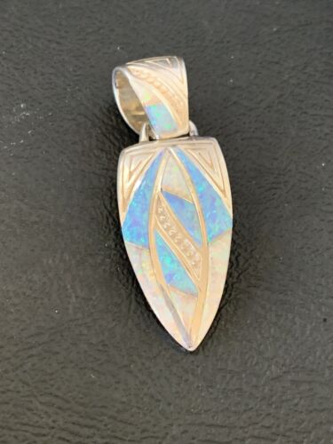 Navajo White Blue Opal Inlay Pendant | Sterling Silver | Authentic Native American Handmade | 12477