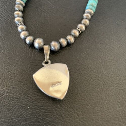 Navajo Pearl Necklace with Blue Kingman Turquoise Pendant | Sterling Silver | Authentic Native American Handmade | 12551