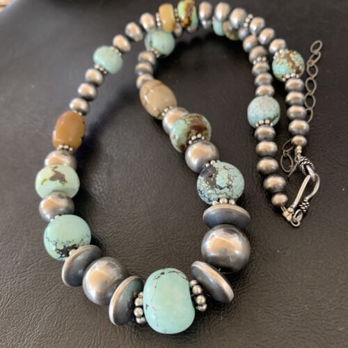 Navajo Pearl Dry Creek Turquoise Beads Necklace | Sterling Silver | 21" | Authentic Native American Handmade | 10980