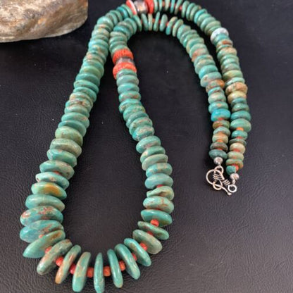 Navajo Green Turquoise & Spiny Oyster Necklace | Sterling Silver | Authentic Native American | 26" | 13908