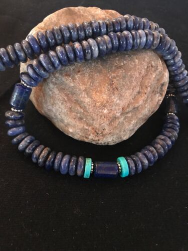 Native American Denim Lapis Turquoise Beads Necklace | Sterling Silver | Men's | 20" | 1281