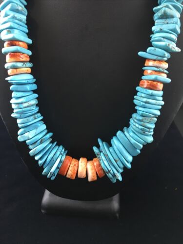 Navajo Natural Blue Turquoise & Spiny Oyster Graduated Necklace | Sterling Silver | Authentic Native American | 20" | 10000