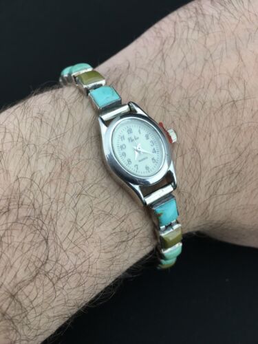 Authentic Native American Navajo Vintage Watch Tips | Blue Green Turquoise | Sterling Silver | 7" | 4916