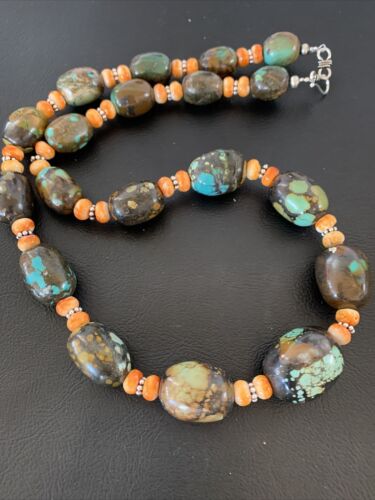 Navajo Green Turquoise & Orange Spiny Oyster Necklace | Sterling Silver | 23" | Authentic Native American Handmade | 1846