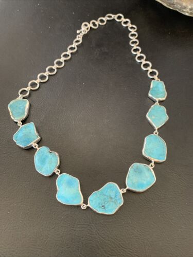 Navajo Blue Kingman Turquoise Rough Pendant Necklace | Sterling Silver | 18" | Authentic Native American Handmade | 11626