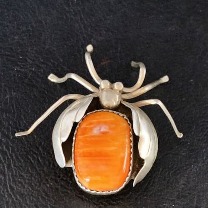 Navajo Spider Pin | Sterling Silver | Orange Spiny Oyster | Authentic Native American Handmade | 13698