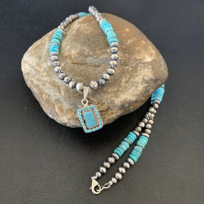 Navajo Blue Turquoise Cluster Pendant Necklace | Sterling Silver | 21" | Authentic Native American Handmade | 12578