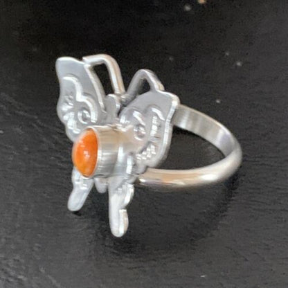 Navajo Orange Spiny Oyster Butterfly Ring | Sterling Silver | Sz Adj 8 | Authentic Native American Handmade | 10344