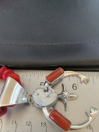 Navajo White Buffalo Turquoise Coral Naja Pendant | Sterling Silver | Authentic Native American Handmade | 10253