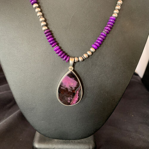 Women's Navajo Pearls Purple Sugilite Necklace Pendant | Sterling Silver | Authentic Native American Handmade | 13302