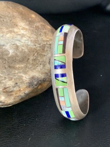 Old Pawn Navajo Turquoise Gaspeite Lapis Inlay Bracelet | Sterling Silver | Authentic Native American Handmade | 14160