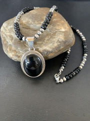 Men's Navajo Black Onyx Necklace Pendant | Sterling Silver Pearls | Authentic Native American Handmade | 11741