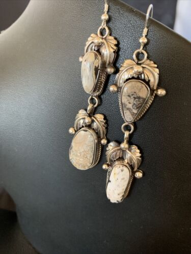 Navajo White Buffalo Turquoise Dangle Earrings | Sterling Silver | 2.5" | Authentic Native American Handmade | 12154