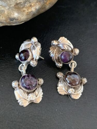 Navajo Purple Sugilite Post Dangle Earrings | Sterling Silver | Authentic Native American Handmade | 1599