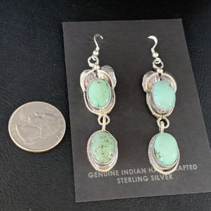 Navajo Green Spiderweb Turquoise Dangle Earrings | Sterling Silver | Authentic Native American Handmade | 13548