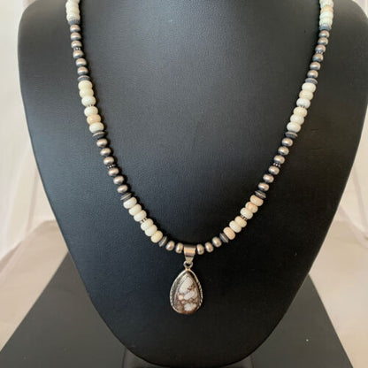 Navajo Pearls Wild Horse Turquoise Howlite Necklace Pendant | Sterling Silver | Authentic Native American Handmade | 1913