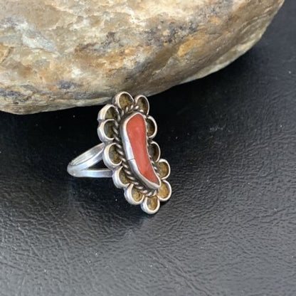 Native American Old Pawn Navajo Red Coral Ring | Sterling Silver | Sz 6 | 10369