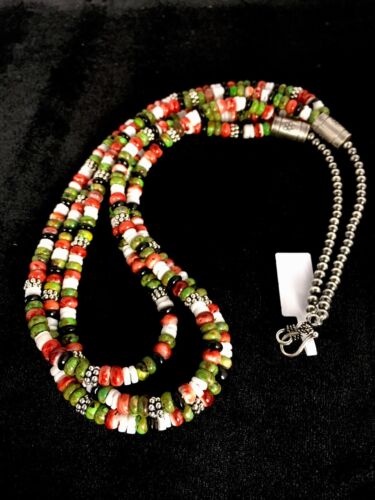 Native American Turquoise & Spiny Oyster Necklace | Sterling Silver | Multi-Strand | 8745