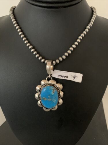 Men's Navajo Pearl Necklace with Blue Kingman Turquoise Pendant | Sterling Silver | 00905
