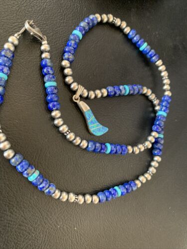 Men's Navajo Blue Lapis Turquoise Opal Inlay Pendant Necklace | Sterling Silver | 22" | 13386