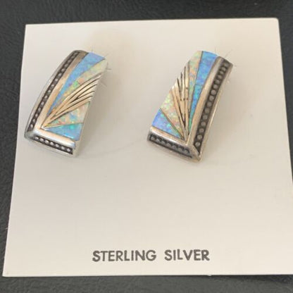 Navajo Blue White Opal Inlay Earrings | Sterling Silver | Authentic Native American Handmade | 12117 - Masha USA