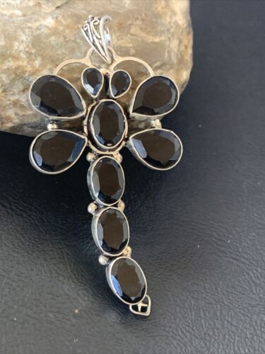 Navajo Dragonfly Pendant | Faceted Black Onyx Gems Cluster | Authentic Native American Sterling Silver | Multi-Stone | 3" | 12739