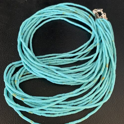 Navajo Blue Turquoise Heishi 10-Strand Liquid Sterling Necklace | 24" | Authentic Native American Handmade | 13424