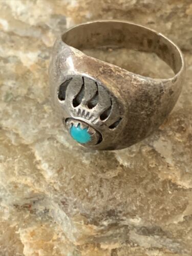 Native American Old Pawn Navajo Bear Paw Blue Turquoise Ring | Sterling Silver | Sz 6 | 2171