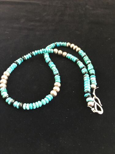 Native American Sterling Silver Necklace | Blue Turquoise & Onyx | 18" | 10027
