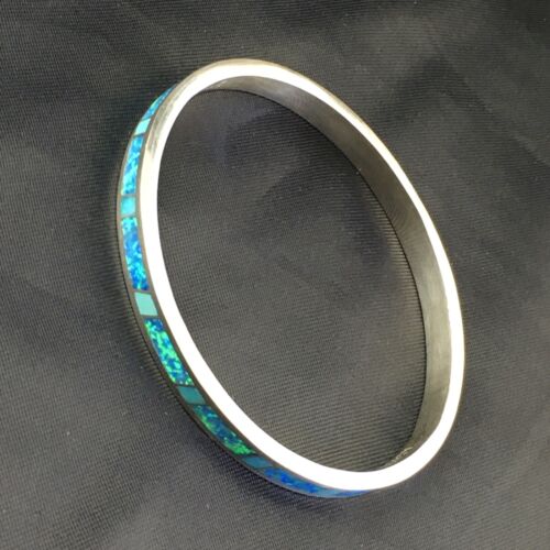 Navajo Blue Opal Inlay Bracelet | Sterling Silver | 8"  Bangle | Authentic Native American Handmade | 10195