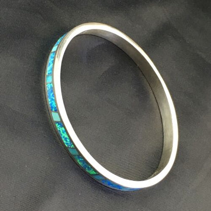Navajo Blue Opal Inlay Bracelet | Sterling Silver | 8"  Bangle | Authentic Native American Handmade | 10195