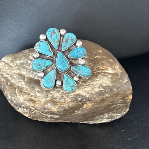 Navajo Blue Turquoise Cluster Ring | Authentic Native American Sterling Silver | Multi-Stone | Sz 7.5 | 14746