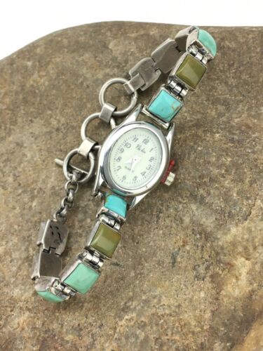 Authentic Native American Navajo Vintage Watch Tips | Blue Green Turquoise | Sterling Silver | 7" | 4916