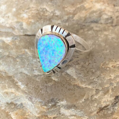 Navajo Blue Opal Inlay Band Ring | Sz 7 | Authentic Native American Handmade | 12419