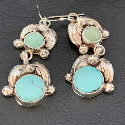 Navajo Blue Green Dry Creek Turquoise Dangle Earrings | Sterling Silver | Authentic Native American Handmade | 1485