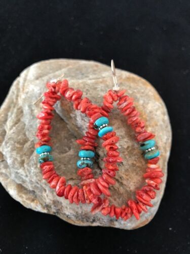 Navajo Sterling Silver Turquoise Spiny Oyster Earrings | 2" | Authentic Native American Handmade | 2038
