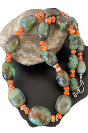 Navajo Green Turquoise & Orange Spiny Oyster Necklace | Sterling Silver | 23" | Authentic Native American Handmade | 1847