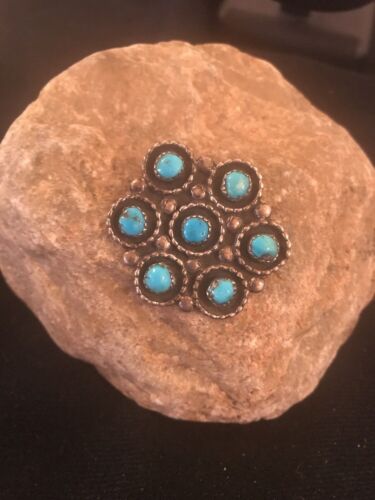 Native American Kingman Turquoise Cluster Pin | Navajo Sterling Silver | 8017