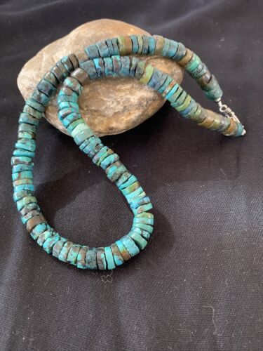 Native American Blue Green Turquoise Heishi Necklace | 9mm | Sterling Silver | 20" | 876 - Masha USA